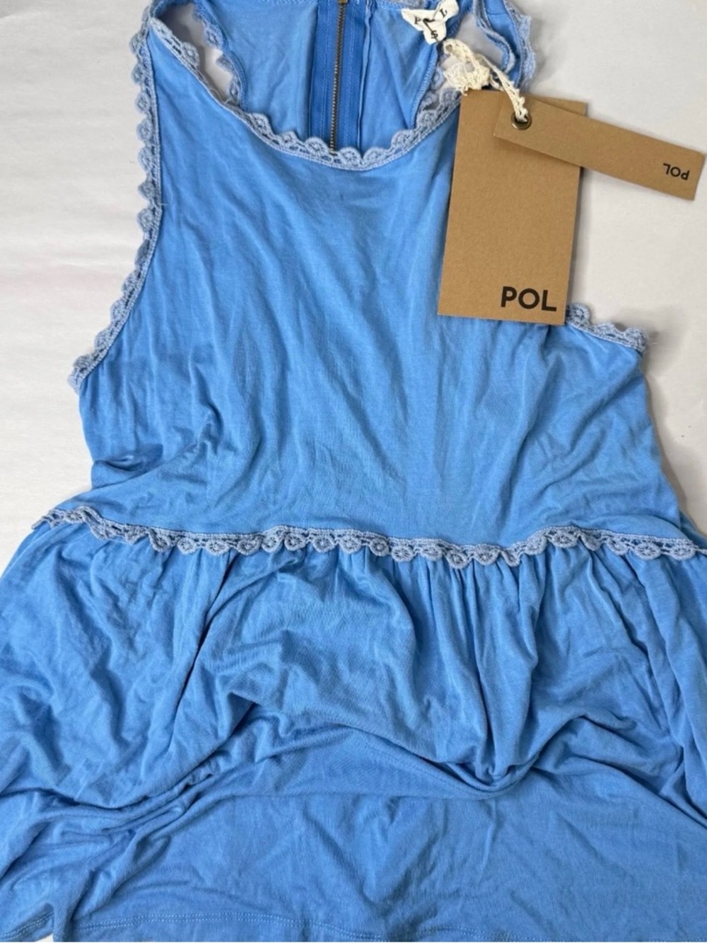 NWT POL Blue Lace Trim Babydoll Tunic Mini Dress Boho Top